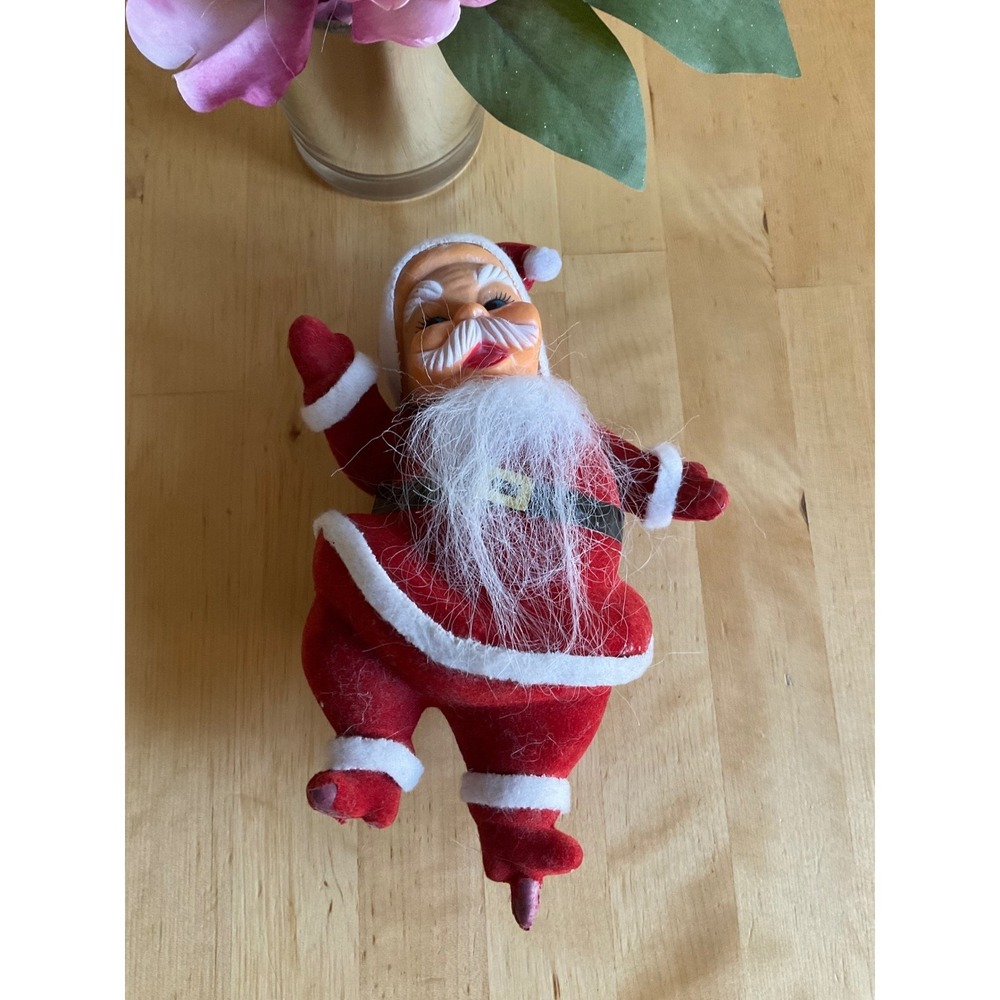 Vintage Mid Century Flocked Santa Claus Ice Skating Figurine Christmas Decor